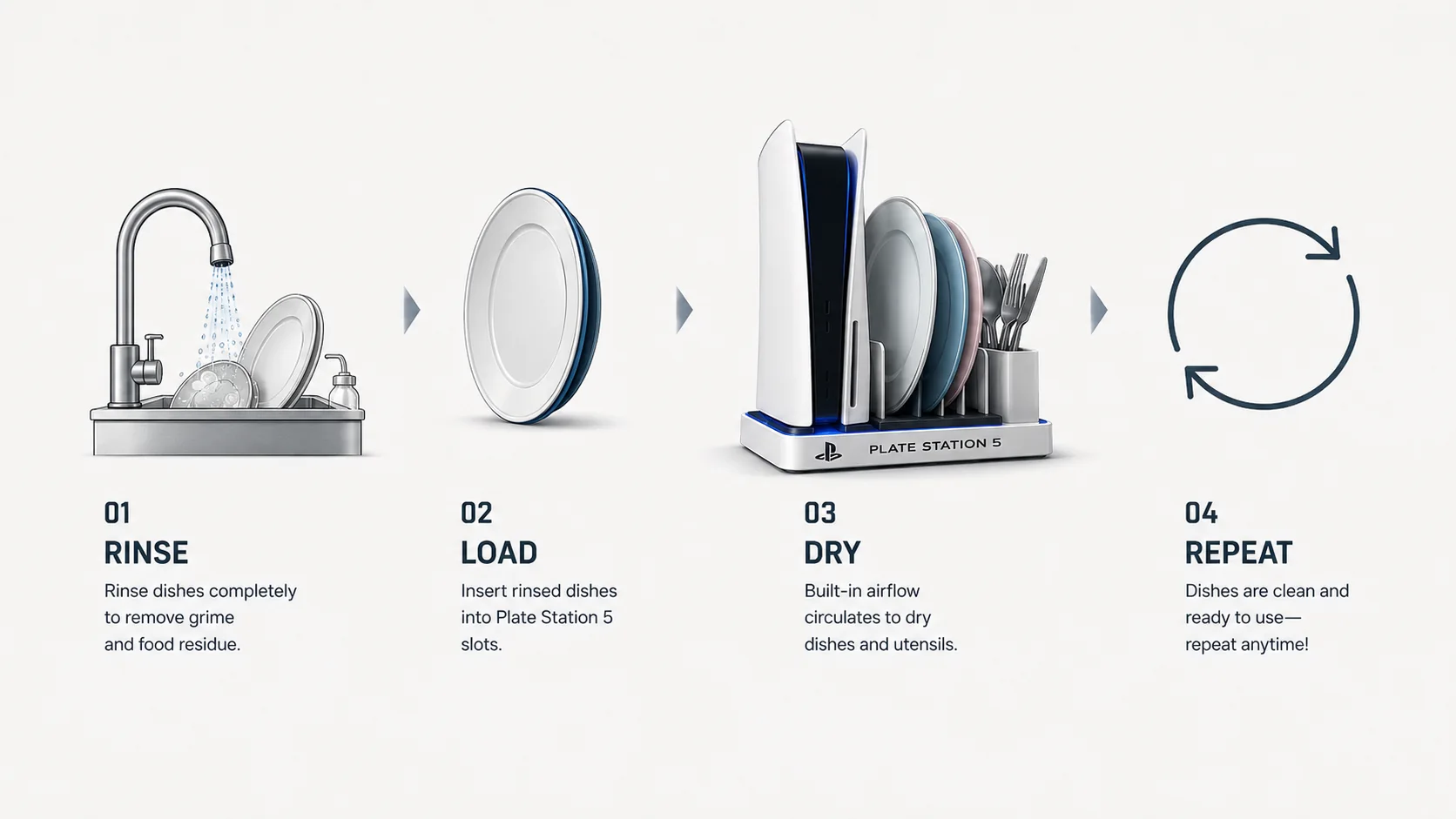 Four step dishplay loop: rinse, load, dry and repeat